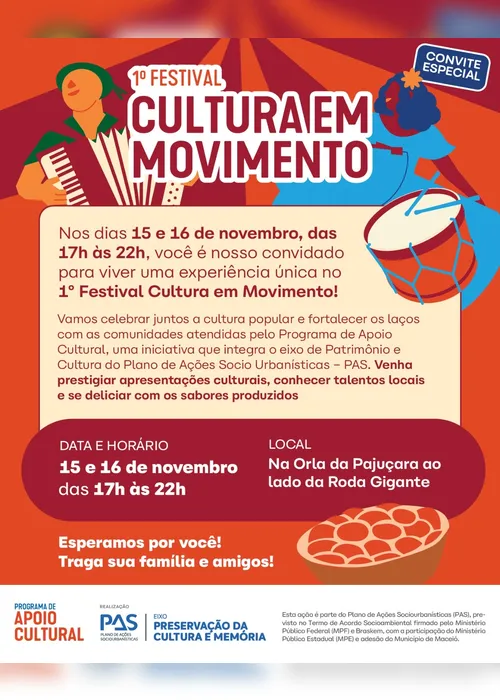 
				Festival Cultura em Movimento leva música, dança e gastronomia para o espaço de convivência ao lado da roda-gigante de Maceió
			
			