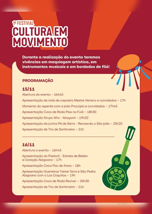 
				Festival Cultura em Movimento leva música, dança e gastronomia para o espaço de convivência ao lado da roda-gigante de Maceió
			
			