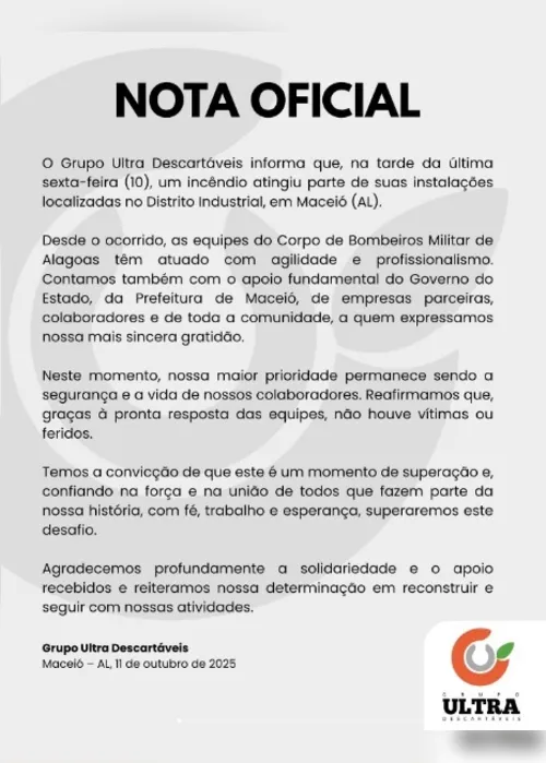 
				Grupo Ultra Descartáveis agradece por apoio após incêndio que destruiu distribuidora
			
			