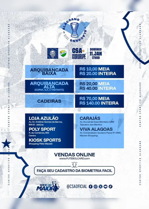 
				CSA divulga venda de ingressos para estreia no Alagoano contra Coruripe
			
			