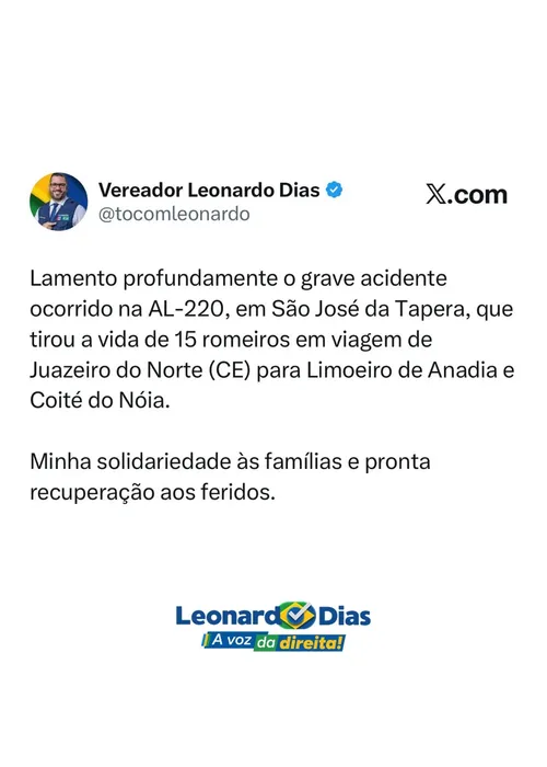 
				Autoridades se solidarizam com vítimas de tragédia na AL-220 e enfatizam luto coletivo
			
			