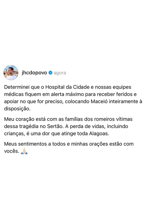 
				Autoridades se solidarizam com vítimas de tragédia na AL-220 e enfatizam luto coletivo
			
			