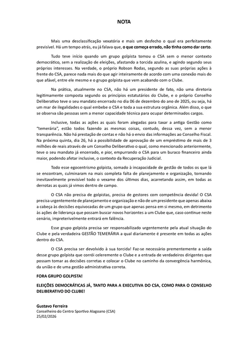 
				Conselheiro critica gestão do CSA em nota: "O que começa errado, não tinha como dar certo"
			
			