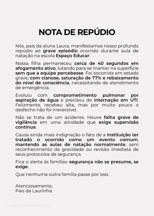 
				Criança se afoga durante aula de natação em escola de Maceió; pais e instituição se manifestam
			
			