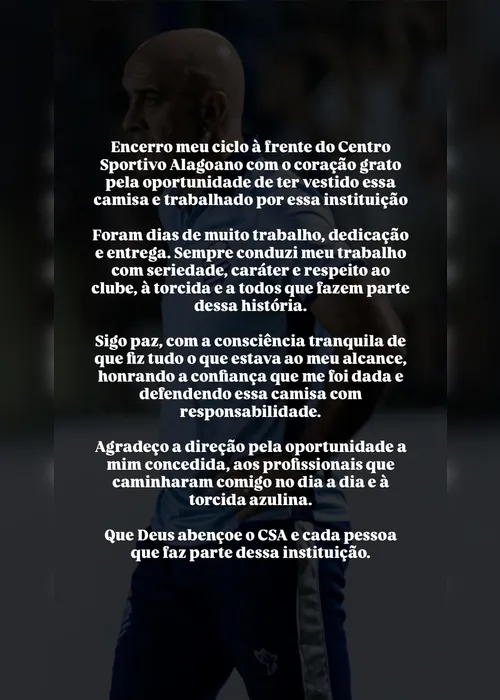 
				Demitido pelo CSA, Itamar Schülle se despede e fala em “consciência tranquila”
			
			