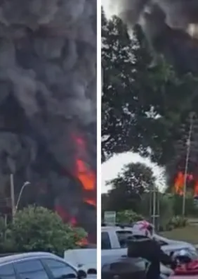 VÍDEO: Incêndio de grandes proporções atinge garagem de ônibus