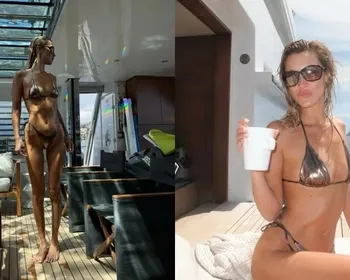 Bella Hadid posa de biquíni brilhante em passeio de barco