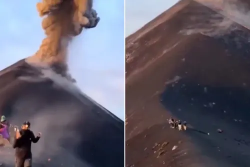 
				Turistas quase são atingidos por "bolas de fogo" durante erupção de vulcão
			
			