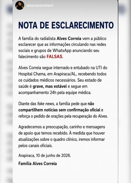
				Cirurgia, entubação e fake news: família atualiza quadro de Alves Correia
			
			