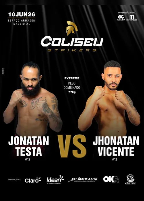 
				Coliseu Strikers: Jonathan Testa e Jhonatan Vicente fazem a luta de abertura nesta quarta
			
			
