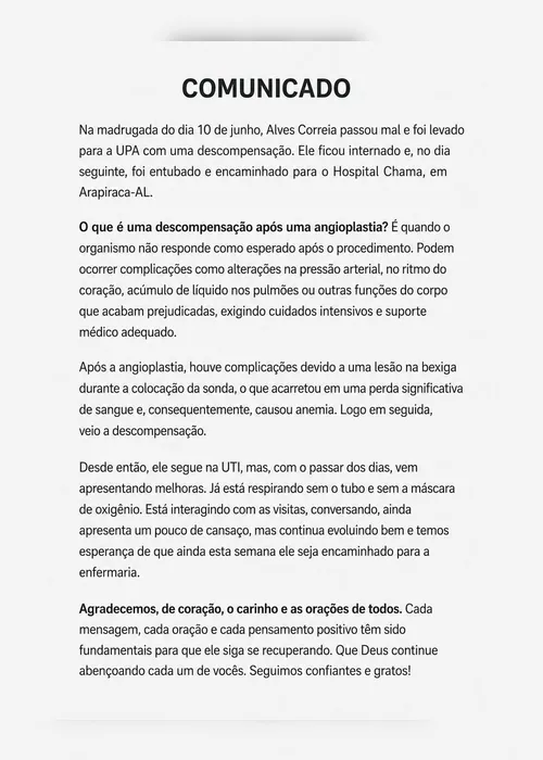 
				Internado na UTI, Alves Correia aparece em vídeo e agradece orações: “Foi uma luta danada”
			
			