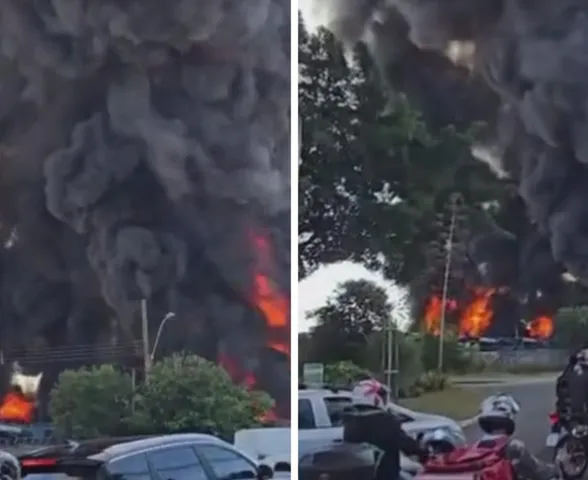 VÍDEO: Incêndio de grandes proporções atinge garagem de ônibus