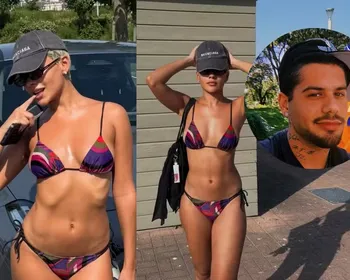 Bella Campos exibe abdômen trincado de biquíni na praia e curtida de Zé Felipe chama atenção