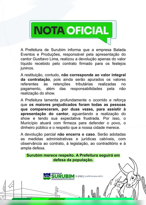 
				Prefeitura diz que Gusttavo Lima só devolveu parte do cachê de R$ 1,3 mi
			
			