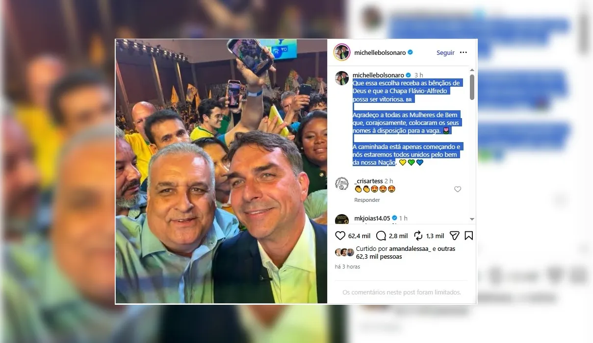 Michelle Bolsonaro diz "Deus os abençoe" ao celebrar Alfredo Gaspar como vice de Flávio Bolsonaro
