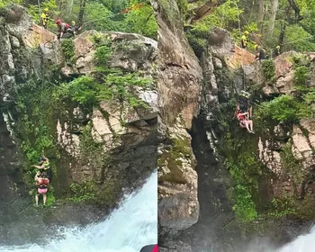 Mulher e cachorro são resgatados em cachoeira após queda de 24 metros