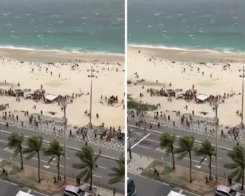 Ventania arrasta guarda-sóis e expulsa banhistas da praia de Ipanema; vídeo