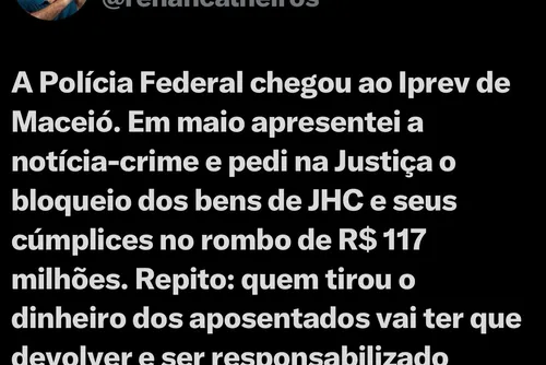 
				Renan Calheiros aponta “rombo” de R$ 117 mi no Iprev e cobra responsabilização de JHC
			
			