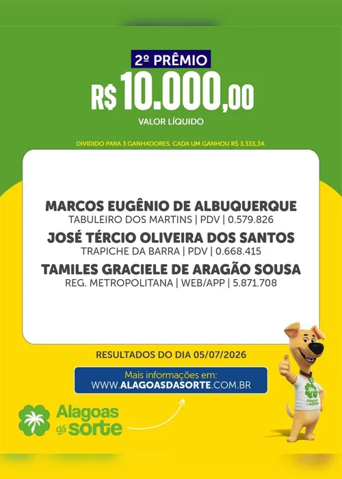
				Confira os resultados do Alagoas Dá Sorte desse domingo (5/7)
			
			
