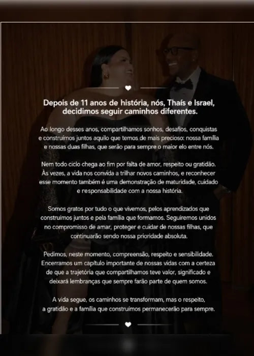 
				Publicidade
Thaís Carla anuncia fim do casamento após 11 anos: 'Falta de amor'
			
			