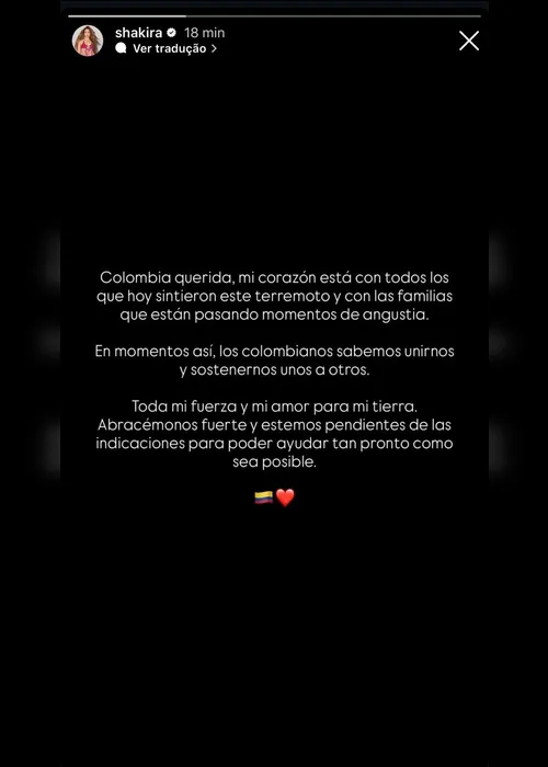 
				Shakira se solidariza com vítimas do terremoto na Colômbia: ‘Todo o meu amor para a minha terra’
			
			