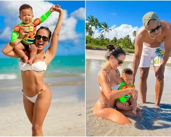 Carol Peixinho curte dia de praia em Alagoas com Thiaguinho e o filho