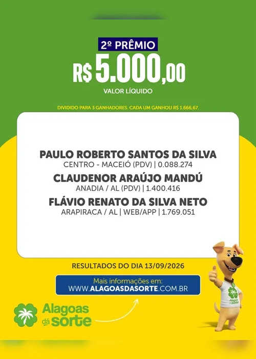 
				Confira os resultados do Alagoas Dá Sorte deste domingo (13/9)
			
			