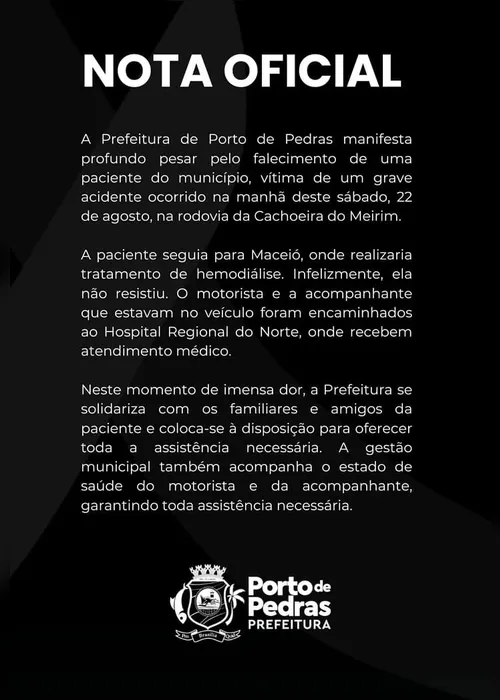
				Prefeitura de Porto de Pedras lamenta morte de idosa que seguia para hemodiálise em Maceió
			
			