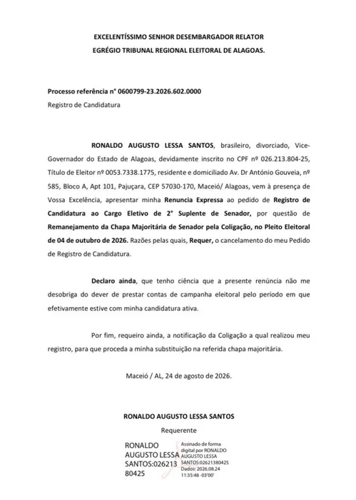 
				Ronaldo Lessa renuncia à 2ª suplência na chapa de Marina Cândia ao Senado
			
			