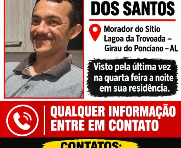 Família procura homem de 28 anos desaparecido há três dias em Girau do Ponciano