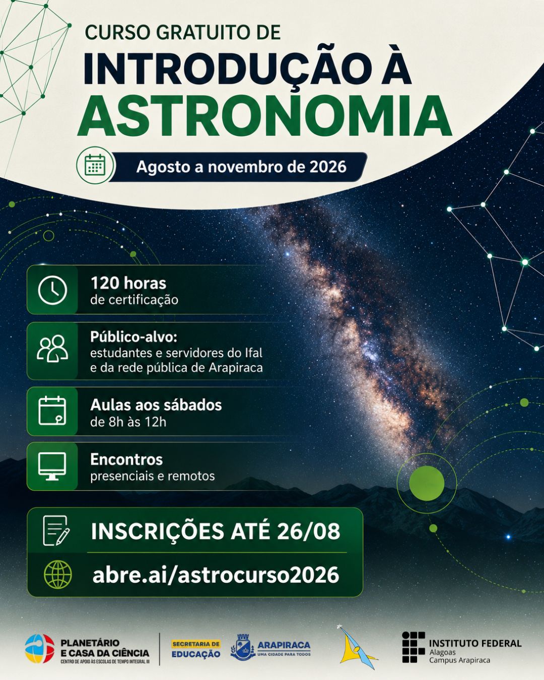 Curso gratuito de Introdução à Astronomia abre inscrições em Arapiraca