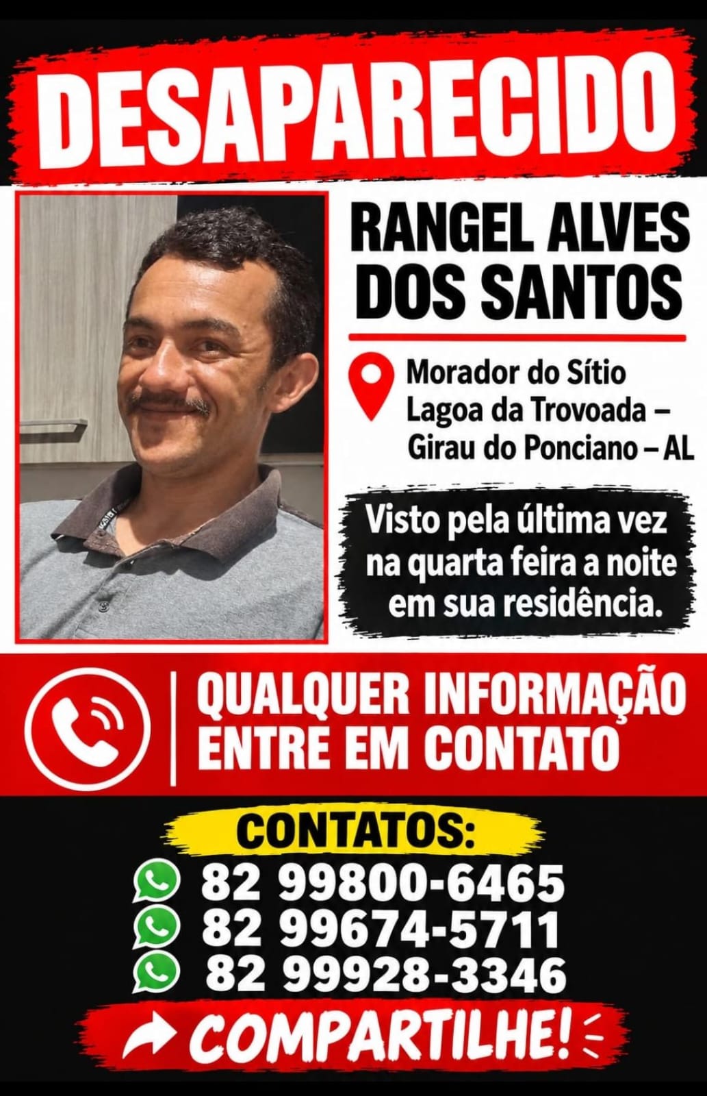 Família procura homem de 28 anos desaparecido há três dias em Girau do Ponciano