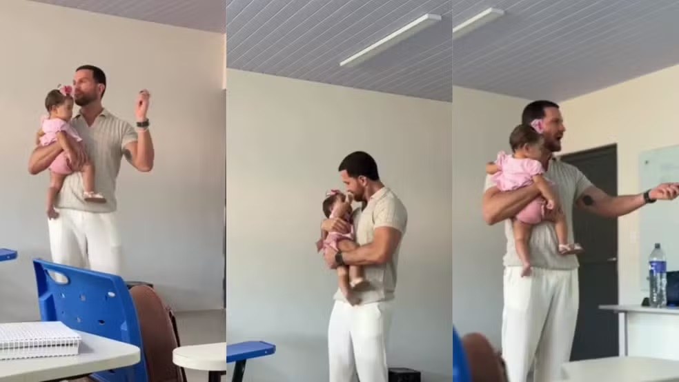 Professor viraliza ao dar aula com bebê no colo para ajudar aluna no Piauí