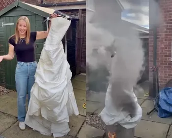 Mulher celebra divórcio com festa temática de funeral e queima de vestido