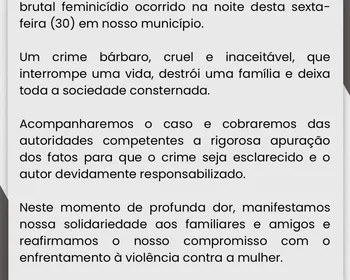 Prefeitura de Santana do Ipanema repudia feminicídio e cobra rigor na apuração do crime