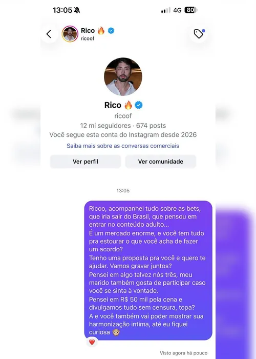 
				Com fim das bets, influencer +18 oferece R$ 50 mil para gravar cena sensual com Rico
			
			