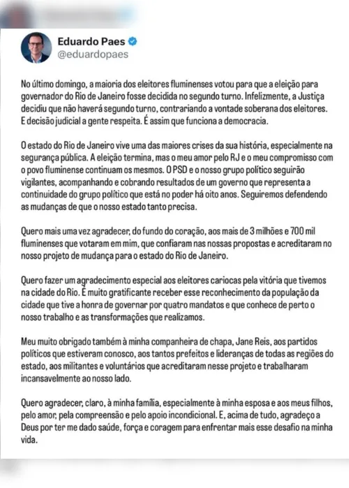 
				Paes reconhece derrota no Rio após STF negar recurso: "A eleição termina"
			
			