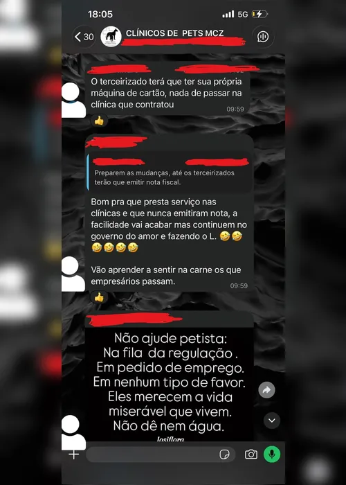 
				Veterinários de Maceió expõem estabelecimentos petistas em grupo de Whatsapp e defendem boicote
			
			