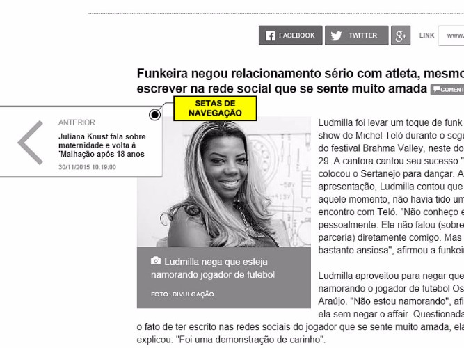 Setas de navegação permitem ao internauta navegar entre as notícias como se folheasse uma revista.