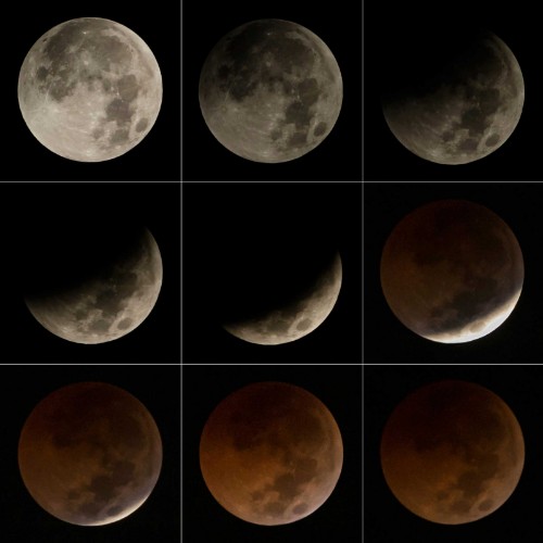 Montagem com seis fotos mostra a evolução do eclipse parcial ao total com Lua de Sangue