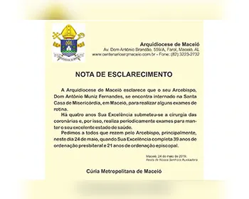 Arcebispo de Maceió é internado e passa por exames de rotina em hospital