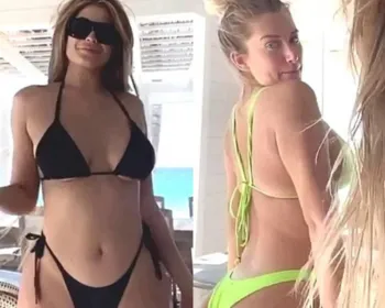Kylie Jenner aposta em biquíni asa delta para piscina com amiga