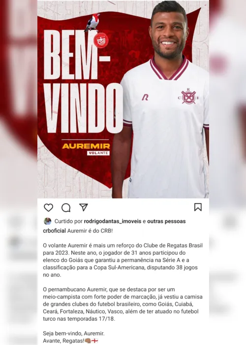 
			
				Volante Auremir, ex-Goiás, é o mais novo reforço do CRB
			
			