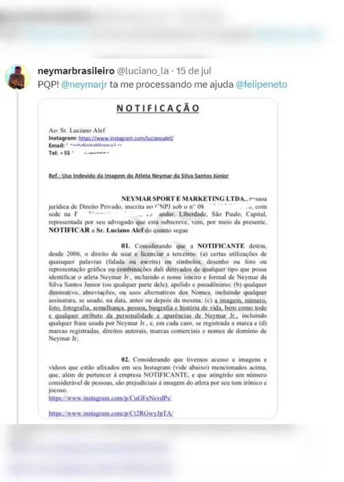 
				Neymar processa comediante que usa filtro para se parecer com o astro
			
			
