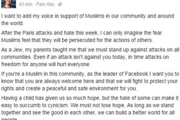 
				
					Mark Zuckerberg apoia muçulmanos em texto em seu perfil no Facebook
				
				