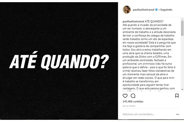 
				
					Fotos de Paolla Oliveira nua vazam e atriz pergunta: 'Até quando?'
				
				
