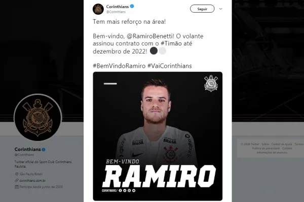 
				
					Corinthians confirma contratação de Ramiro, ex-Grêmio, até o final de 2022
				
				