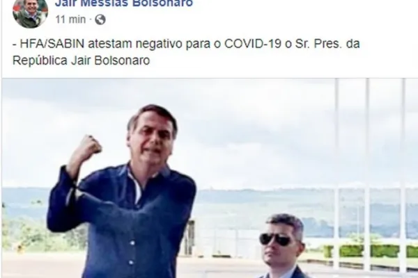 
				
					Bolsonaro diz em rede social que seu exame de coronavírus deu negativo
				
				