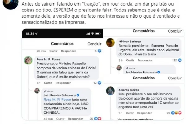 
				
					'Não compraremos a vacina da China', diz Bolsonaro em rede social
				
				
