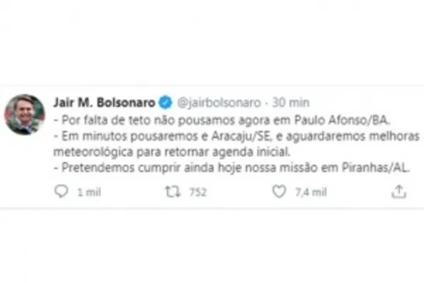 
				
					Mau tempo desvia voo de Bolsonaro para SE e atrasa visita em Alagoas
				
				